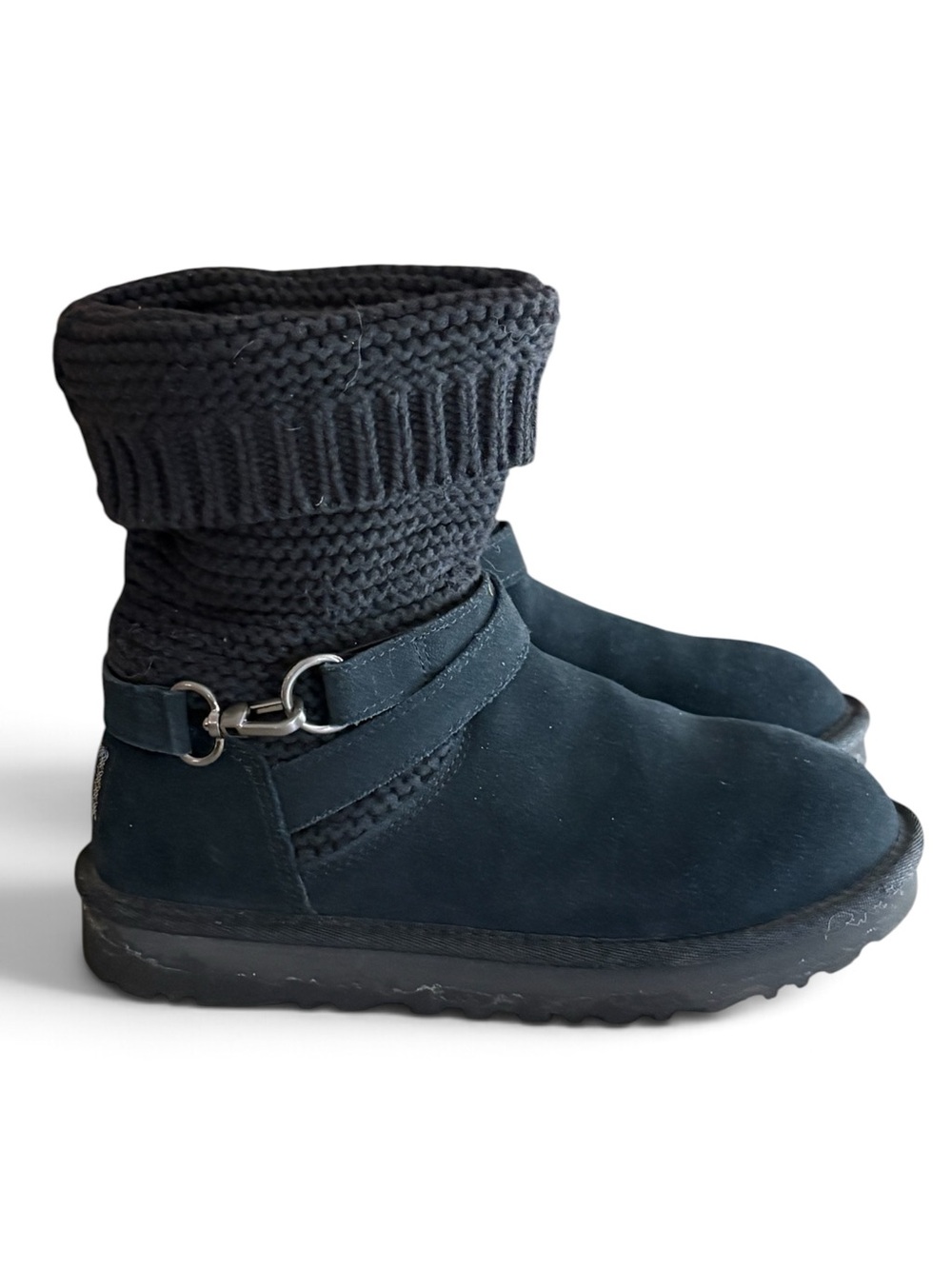 UGG Black Purl Strap Suede Knit Ankle Boots